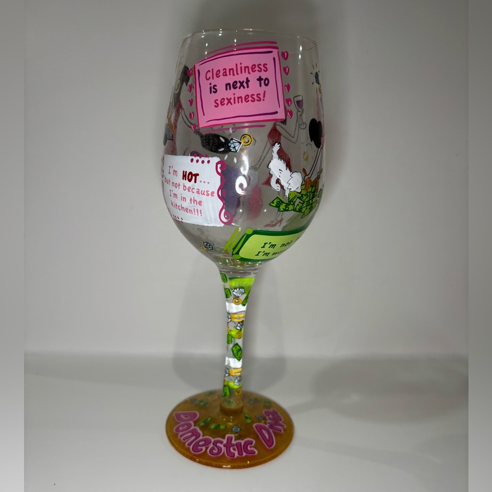 Hand painted Wine Glass designed by Tracy Lolita Yancey named Domestic Diva